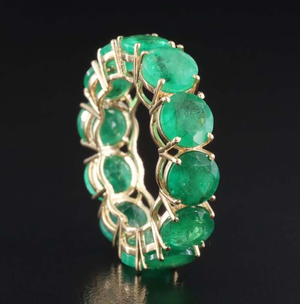 14K Yellow Gold round cut natural Emerald 10.19 carats Full Eternity Band Ring